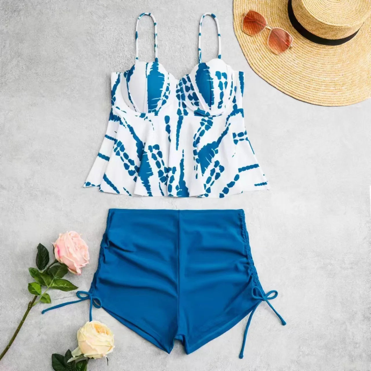 High Waist shorts swimsuit Tankini Set blue