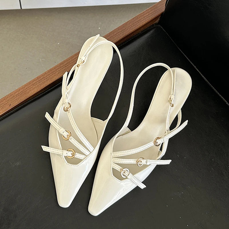 Three buckles Pointed Toe Low Thin Heel shoes Low heels White