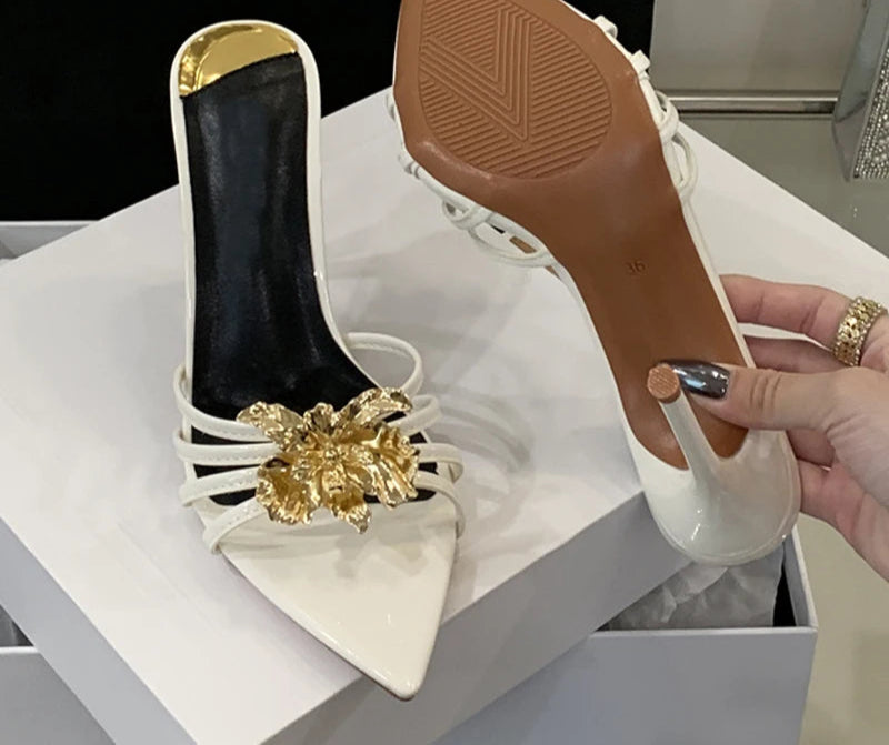 Metal look Flower Open Toe Mule High Heel Sandals White