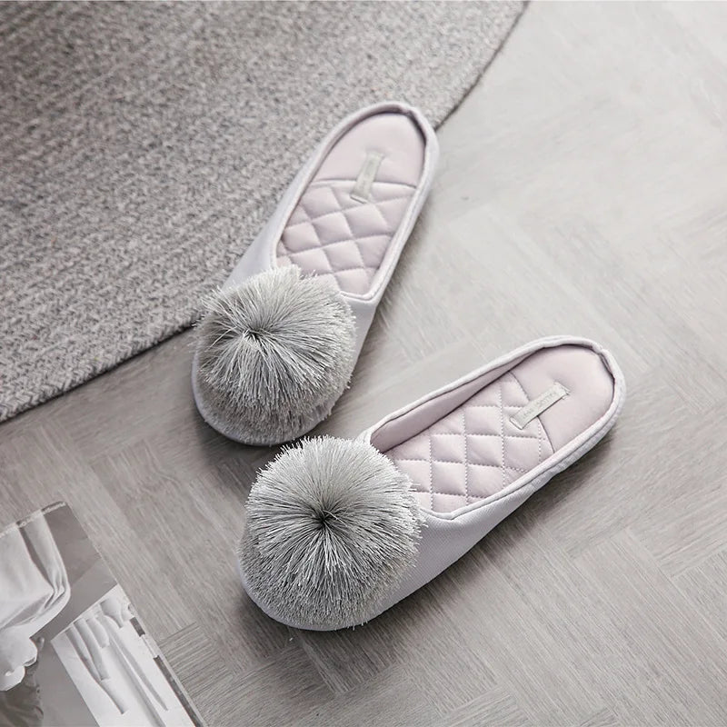 Women Satin Furry Slippers GRAY