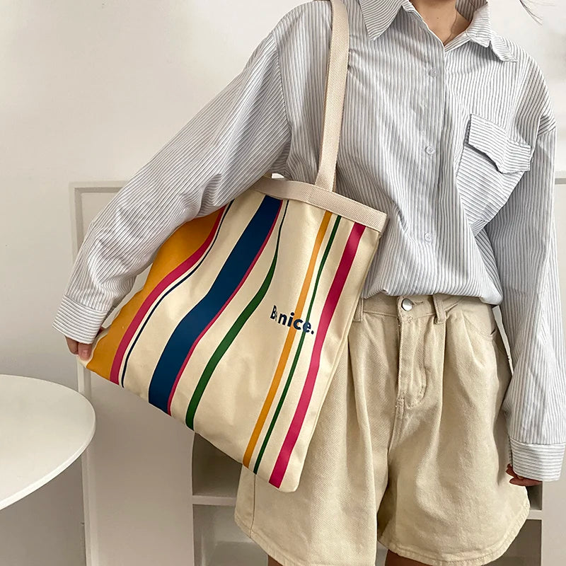 Colourful stripes Canvas Shoulder Bag Rose Pink