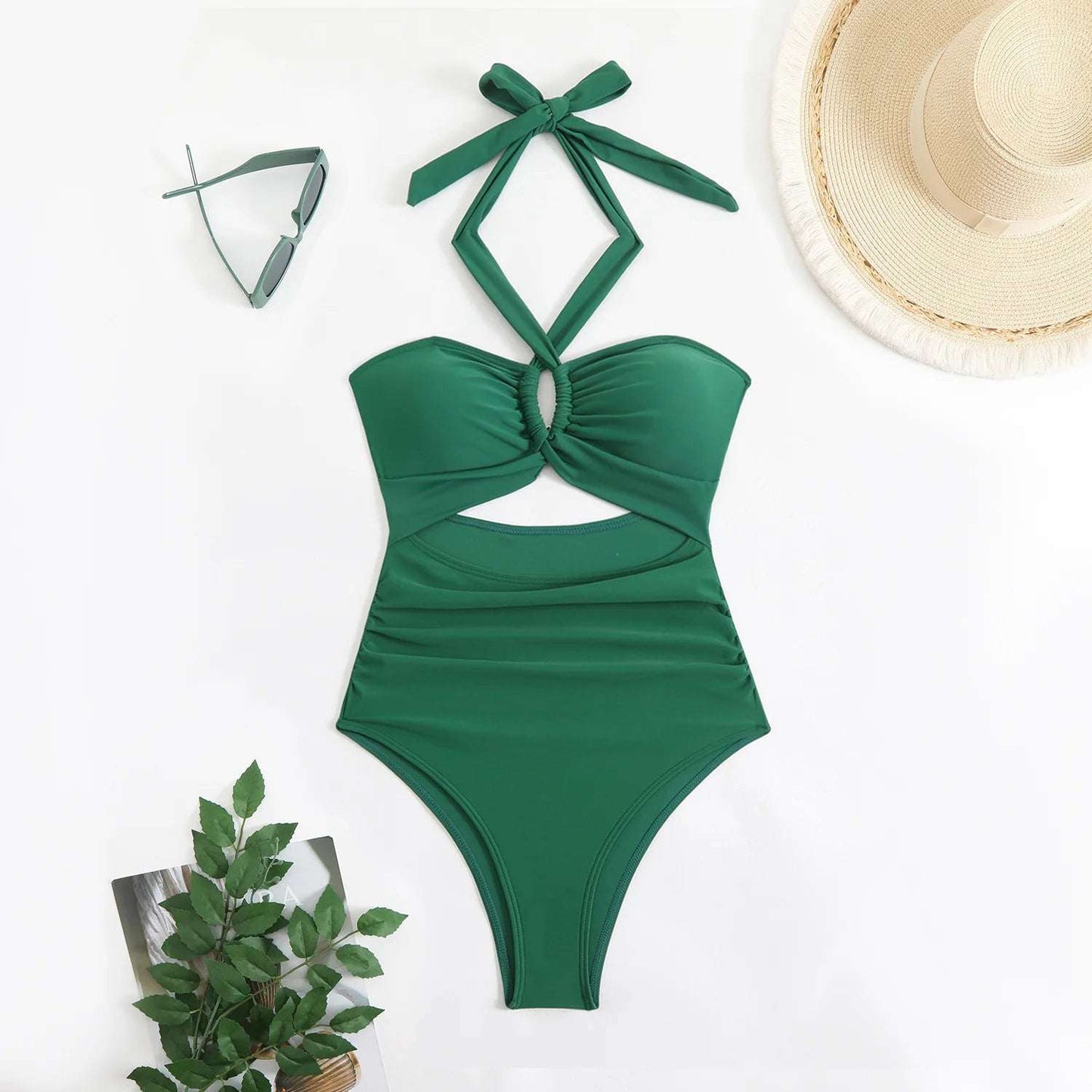 Hollow Out Push Up halter neck one piece swimsuit dark green