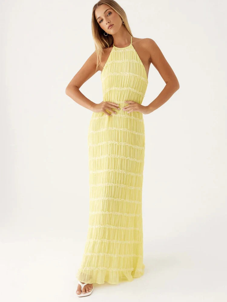 Backless halter neck Ruched Long Dress Yellow