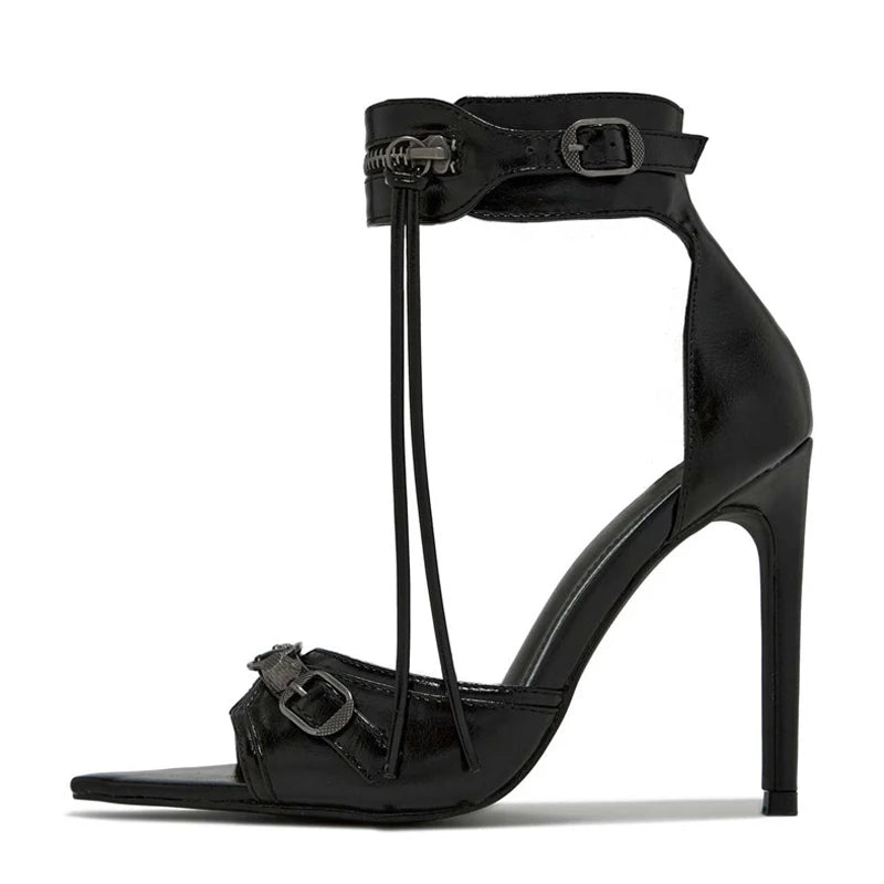 Fashion Zip Tassel ankle strap high heel Sandals Black