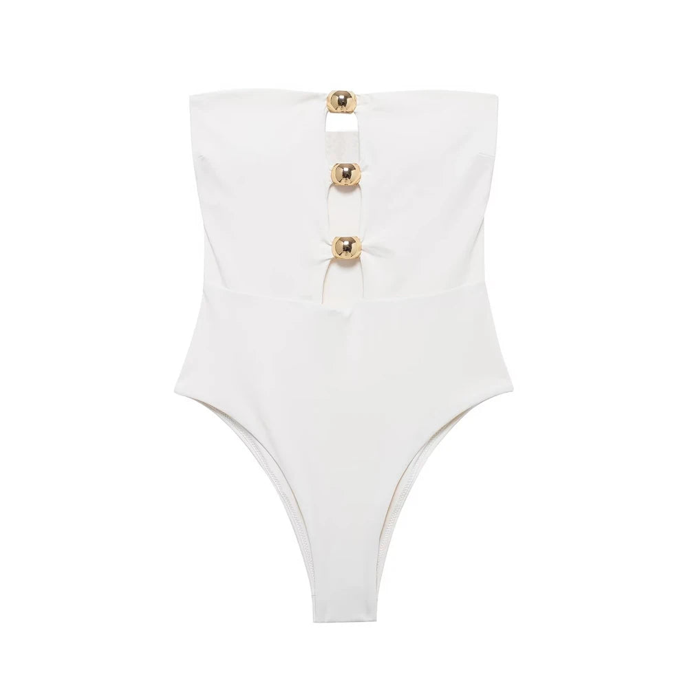 Metal bead Hollow Out Bodysuits white