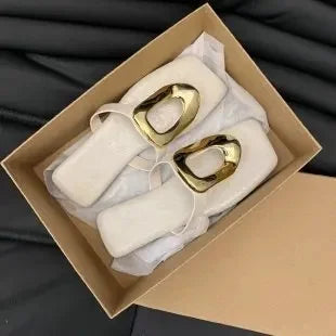 Metal Buckle Strap Clip-On flat Sandals Beige White