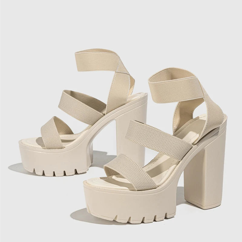 Punk Style elastic Chunky platform High Heels Beige