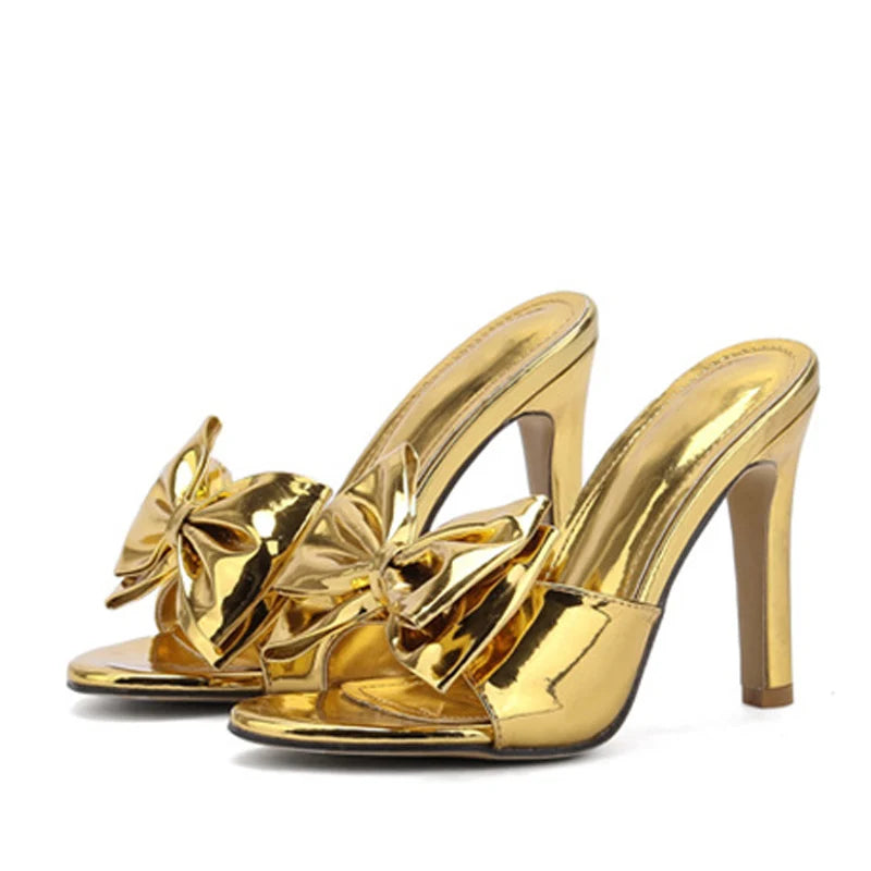Bow silver gold high heel mule Shoes Golden