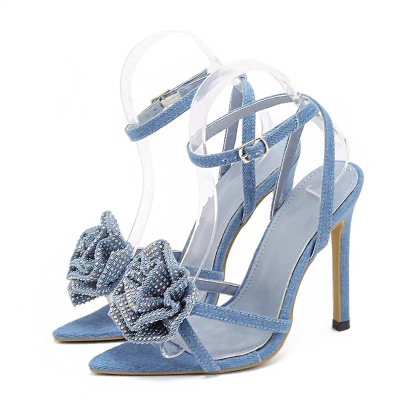 Women's ankle strap rose diamante Thin High Heel sandals Blue