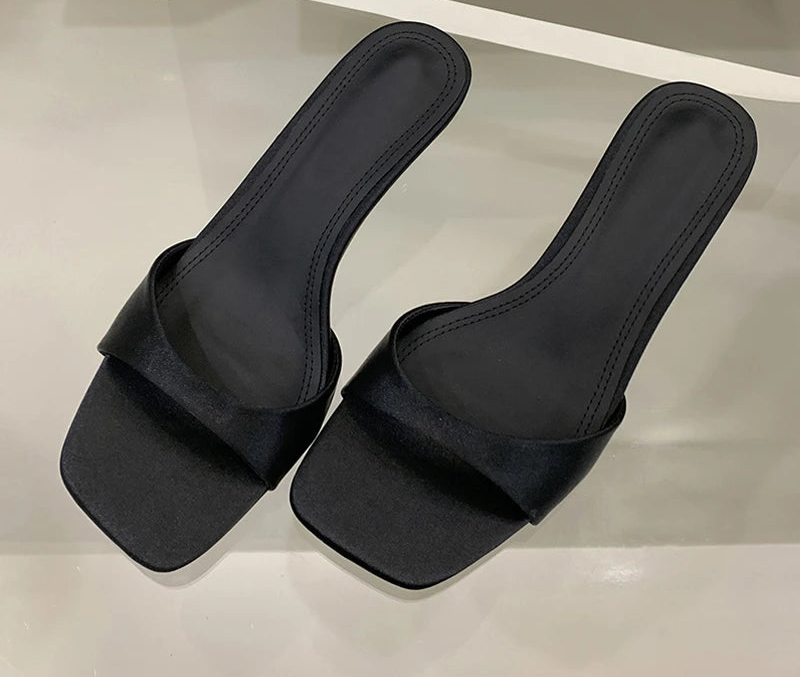 Satin Thin Low Heels Square Toe Mule Sandals Black