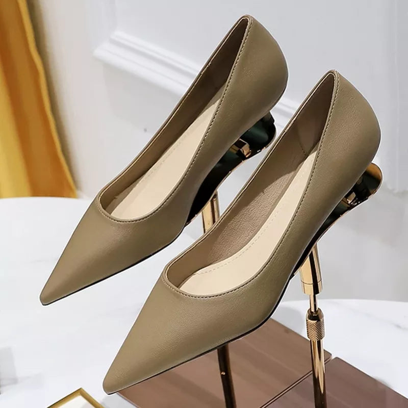 Women Soft PU Leather Elegant Med High Heel Shoes Taupe