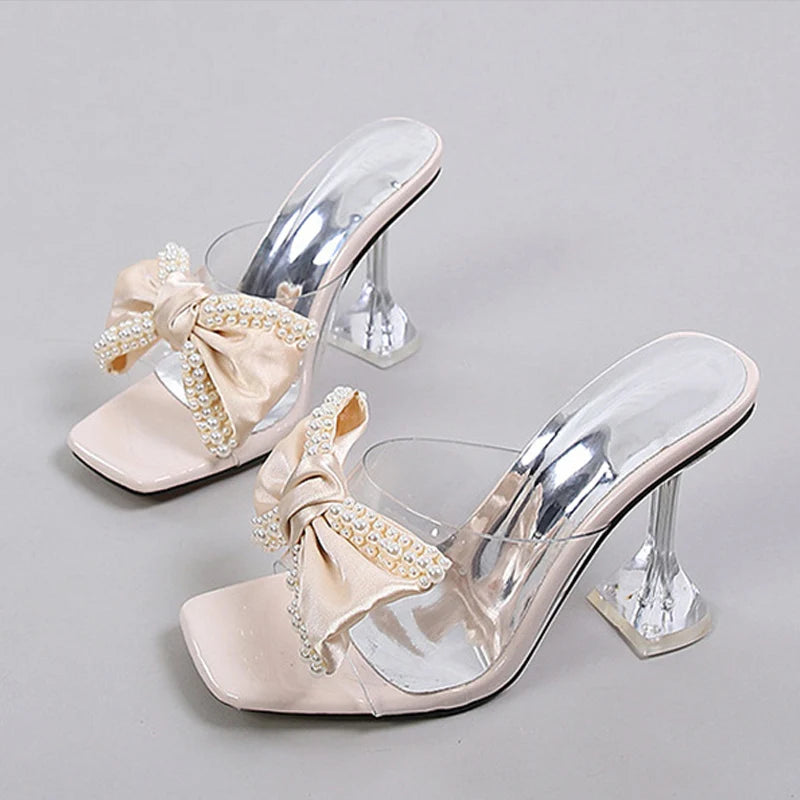 Bow Pink clear high heel Sandals Nude
