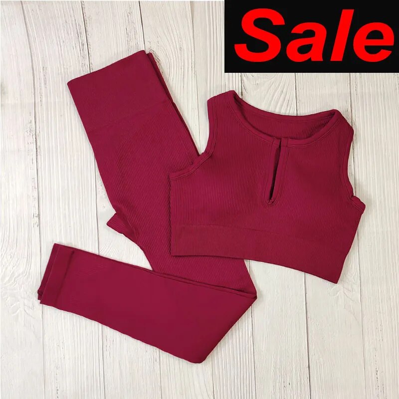 Ribbed Yoga Set Sportswear Women Suit Red V S(45-55KG)