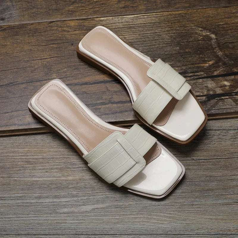 Korean Style slip-on sliders flat sandals Beige White