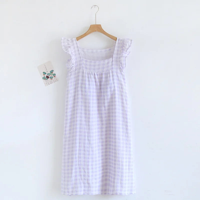Cotton Loose Plaid lounge pyjama night dress Purple