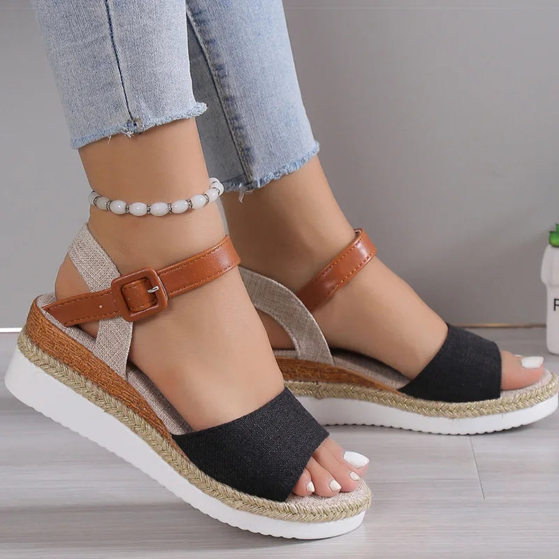 Multi coloured strap open toe Wedge chunky sandals Black