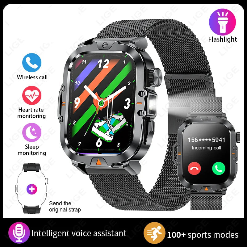 Outdoor LED Flashlight Waterproof Health Blood Pressure Monitor Smart Watch mesh belt black