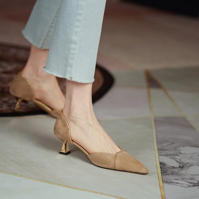 Women pointed toe Low kitten heel Shoes Khaki