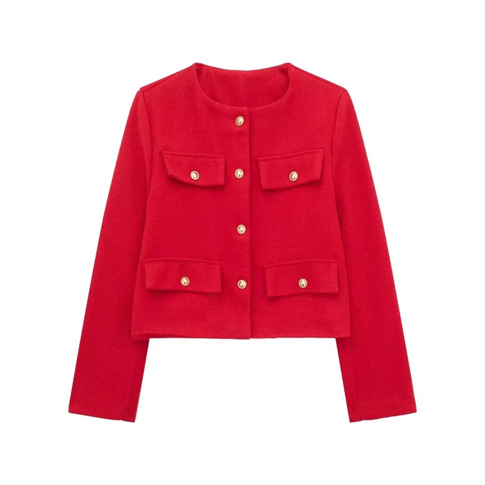 Fashionable o neck two front pockets Jacket RED
