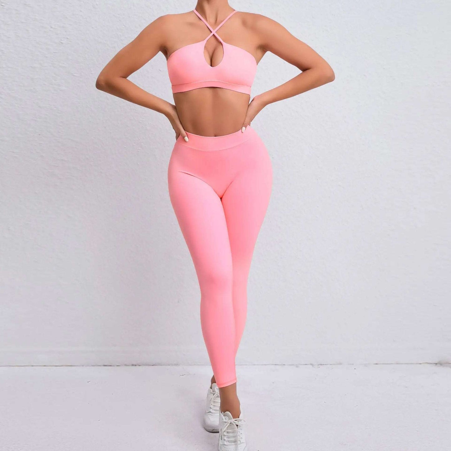 Halter neck Workout Sports Bra & High Waist Leggings set Peach color