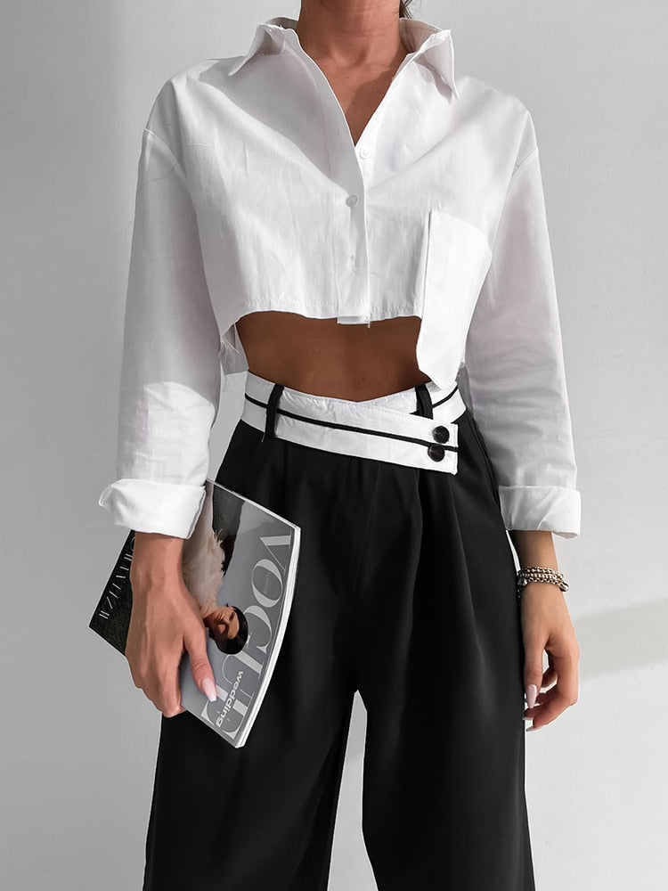 Women Black Contrast Casual High Waist Pants