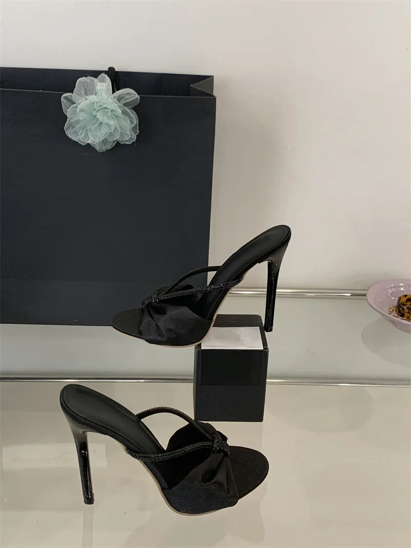 Black Crystal Rhinestone Strap Open Toe Thin High Heel Sandals