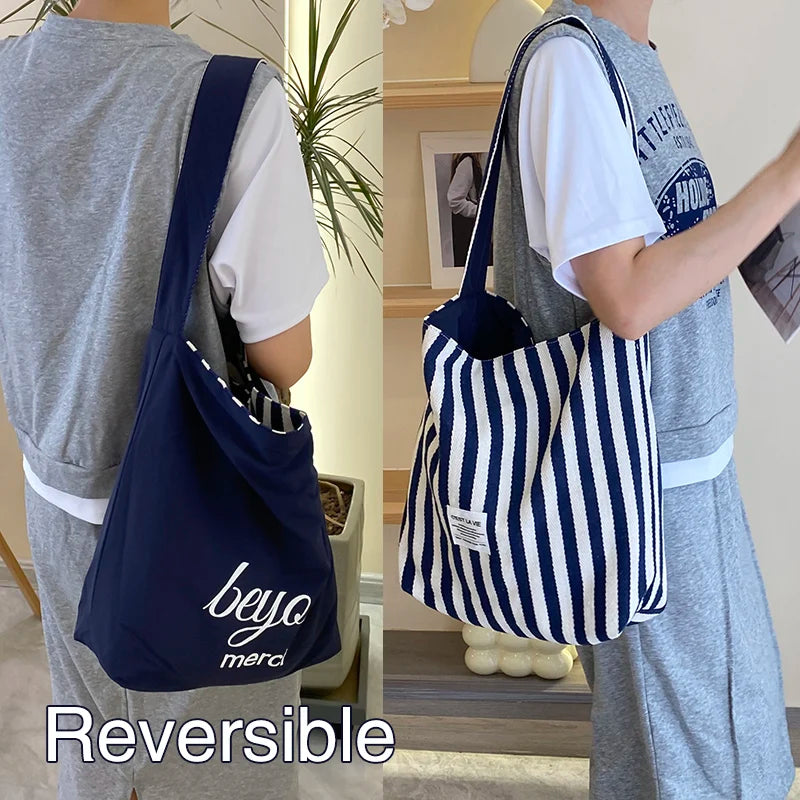 Reversible Stripe Canvas Shoulder Bag Beyou Deep Blue