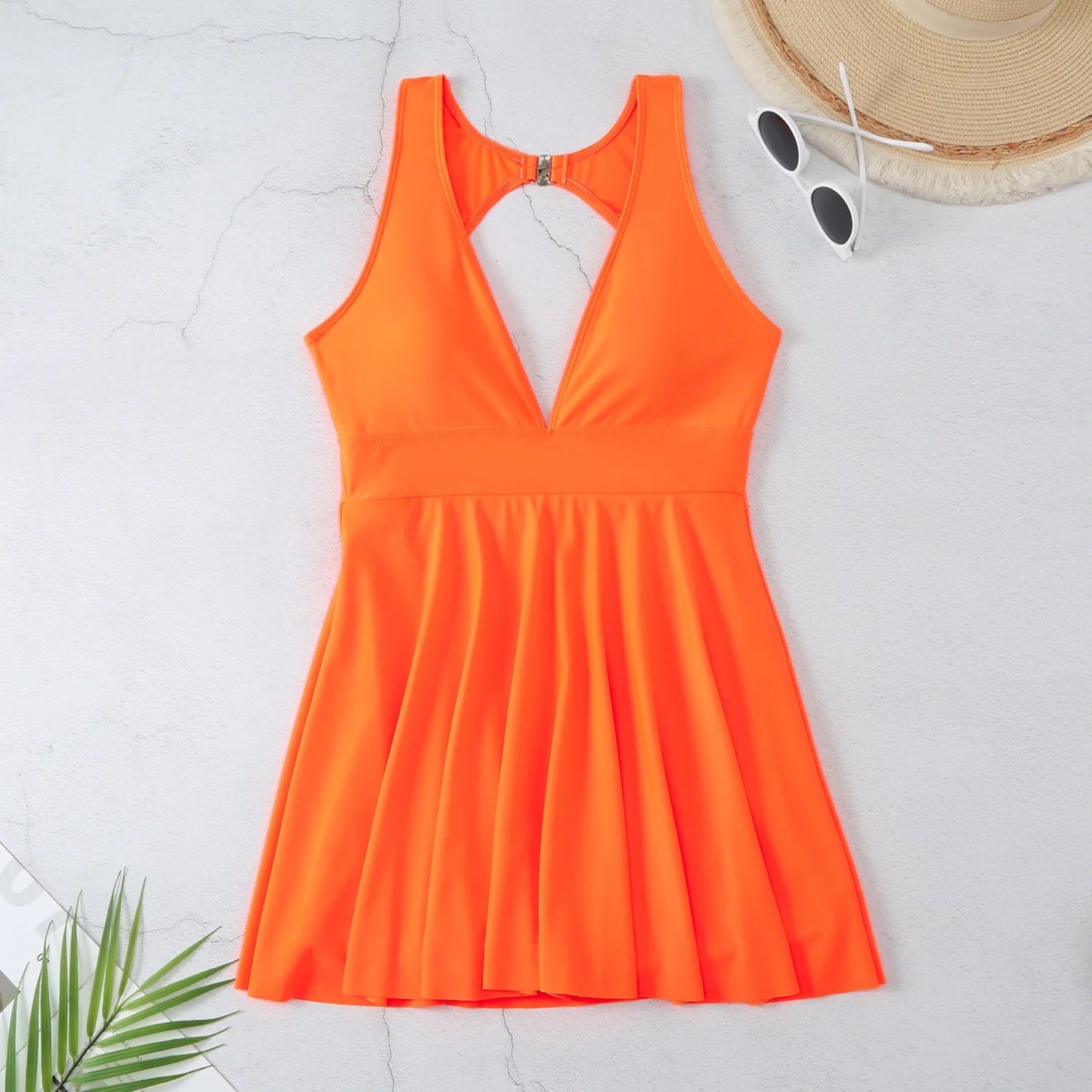 Ruffle plunge One Piece skirt dress Swimsuit orange