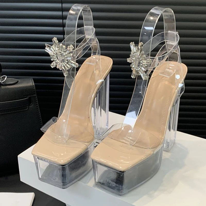 Crystal Buckle Ankle clear pvc Strap Platform Sandals Nude