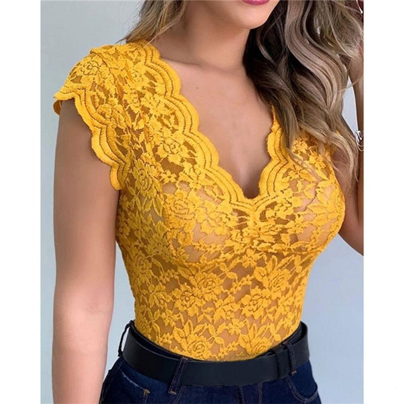 White Lace V-neck Top Blouse yellow