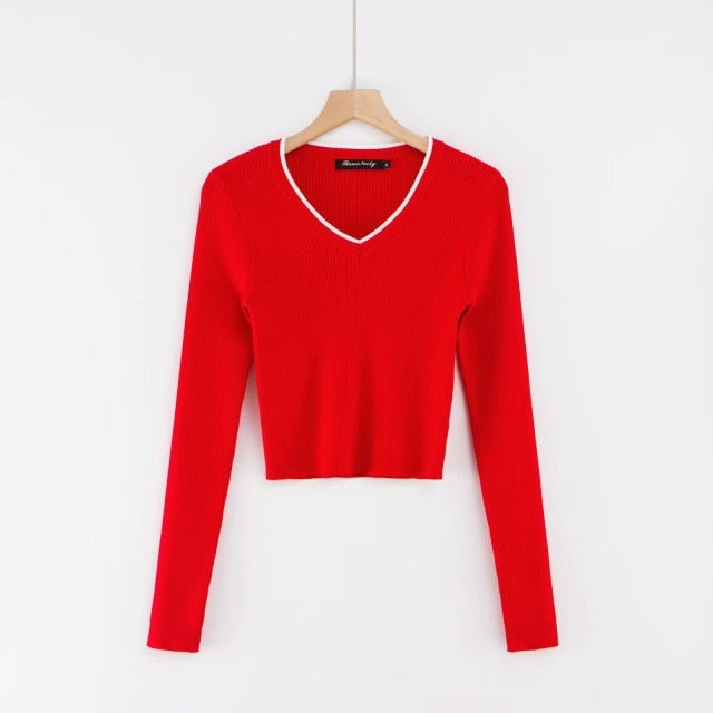 Vintage V-neck Long Sleeve Crop Top red sweater