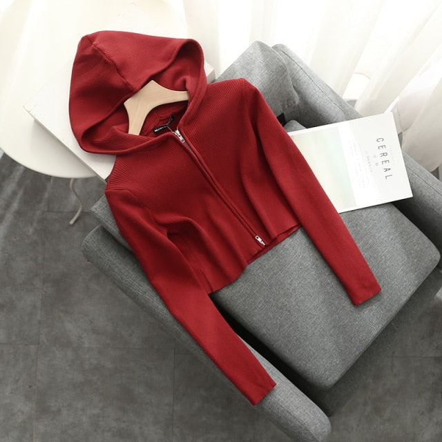 Knitted zipper ribbed Hoodie red One Size