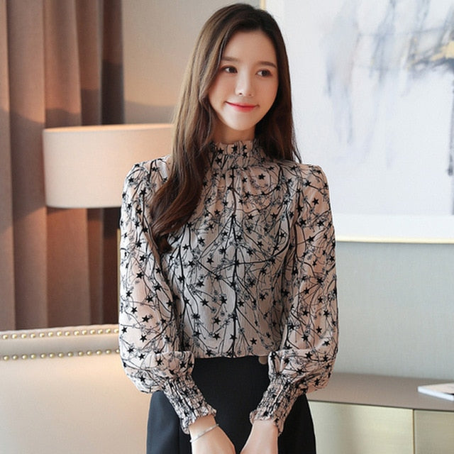 Chiffon Floral print see-through Blouse apricot