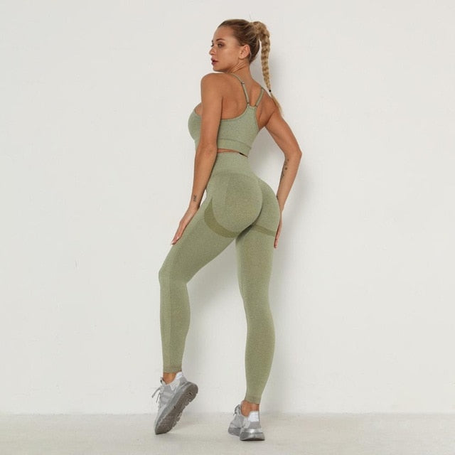 Activewear Gym Long Sleeve crop t and High Waist Leggings Bra Set Grass Green