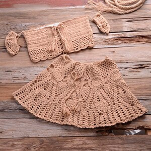 Boho off-shoulder Crochet Bikini Set - Swimsuit Bathing Suit Khaki