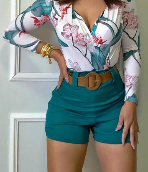 Floral Print Long Sleeve V Neck Top & Shorts Set