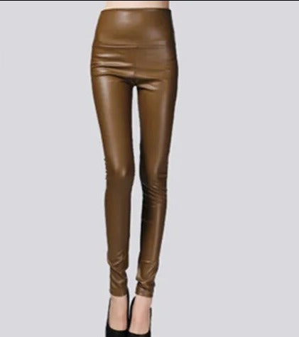 Women Thin Velvet PU Leather Pants Golden coffee color