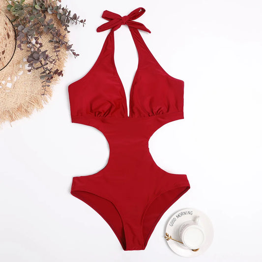 Sexy Cut Out Deep V Halter Backless One Piece Swimsuit