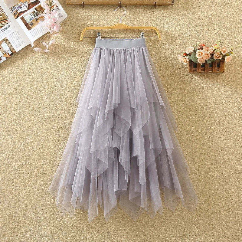 Irregular Elastic High Waist Mesh Tulle Skirt