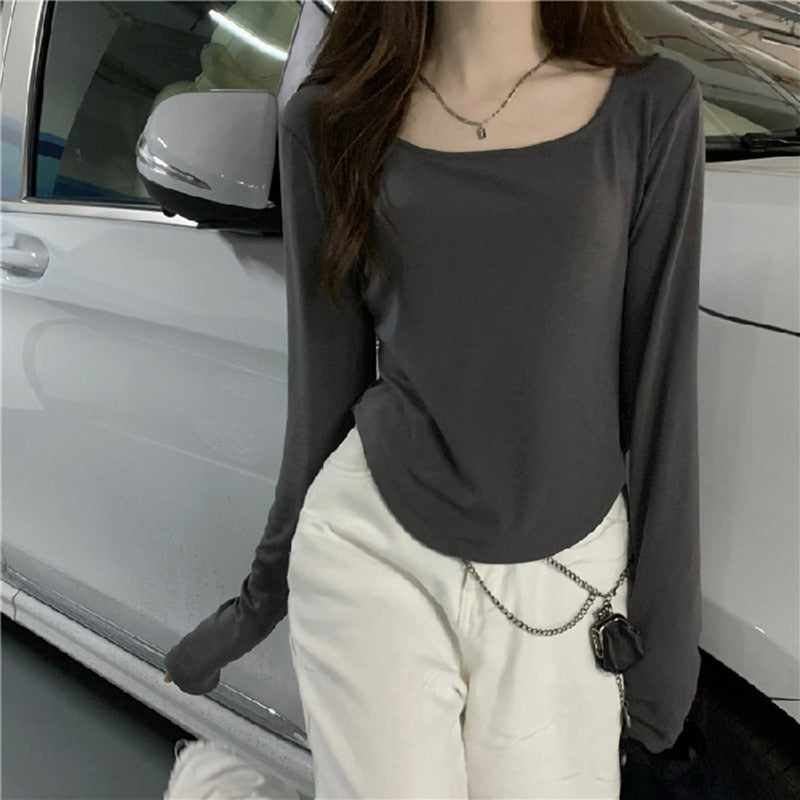 Women Long Sleeve Square Neck Top Gray