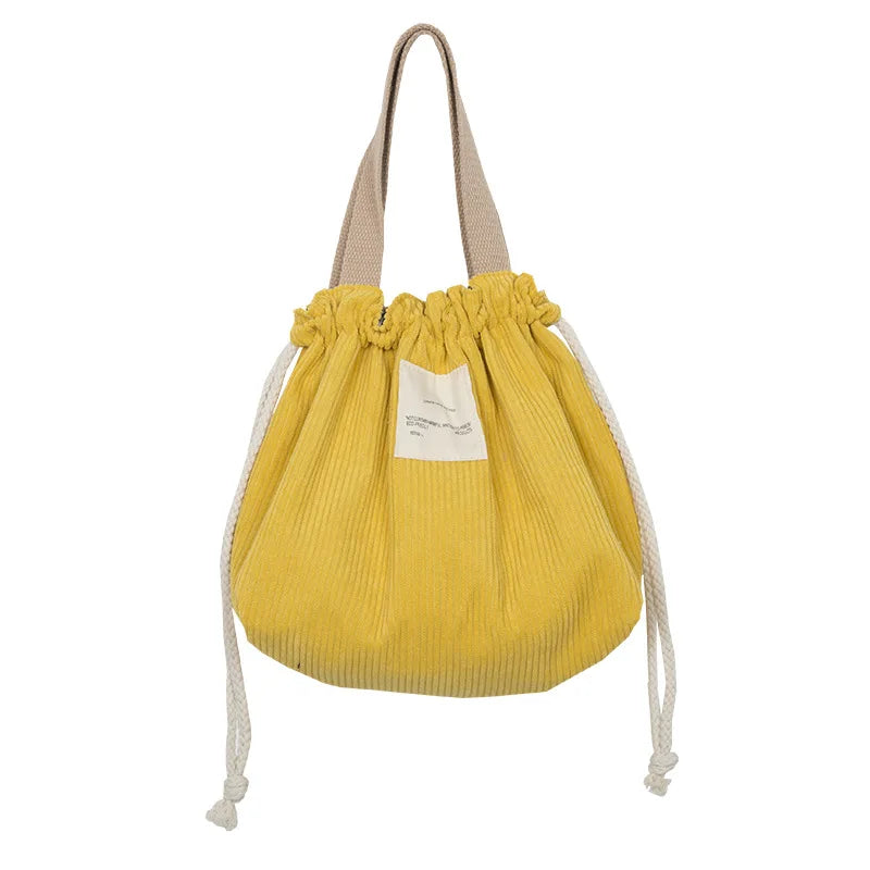 Corduroy Canvas Lunch storage Bag Drawstring Yellow