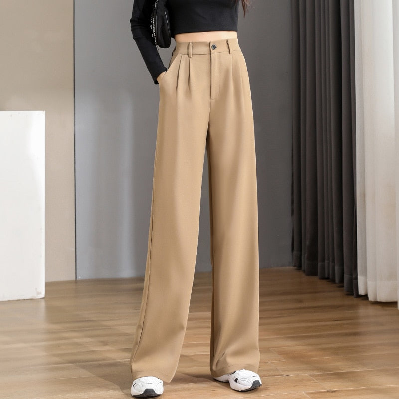 Women Chic Office Wear Straight Pants Light coffee