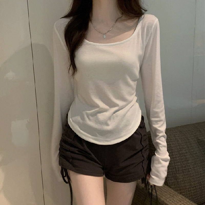 Women Long Sleeve Square Neck Top White