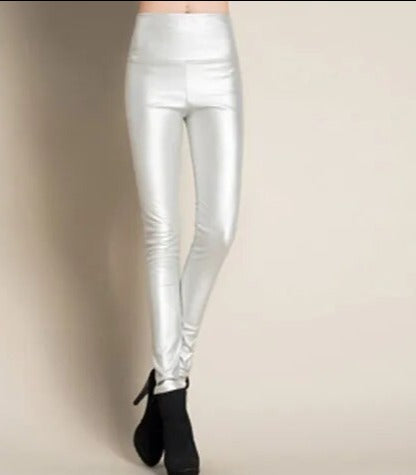 Women Thin Velvet PU Leather Pants Silver