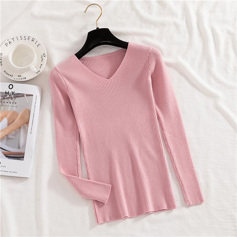 V-neck knitted pullover sweater Pink