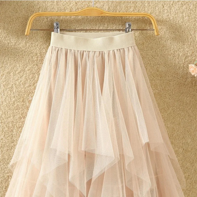 Irregular Elastic High Waist Mesh Tulle Skirt