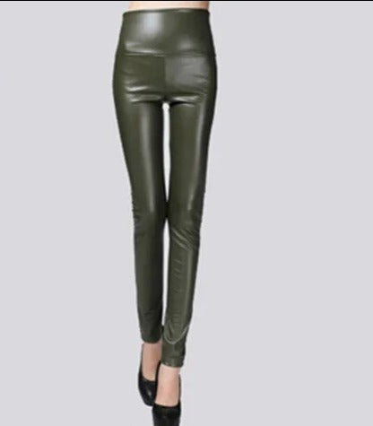 Women Thin Velvet PU Leather Pants Army Green