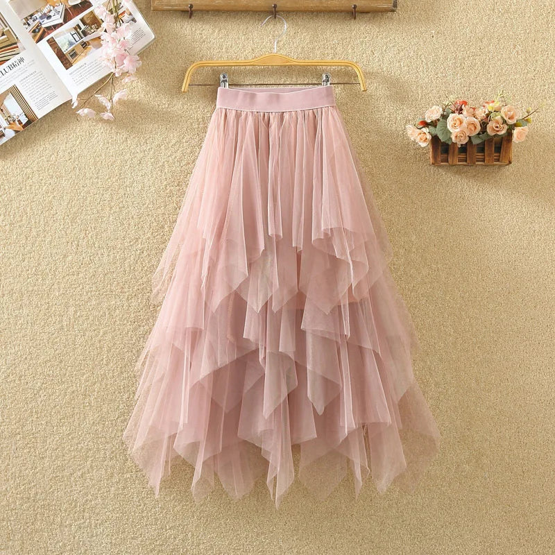 Irregular Elastic High Waist Mesh Tulle Skirt