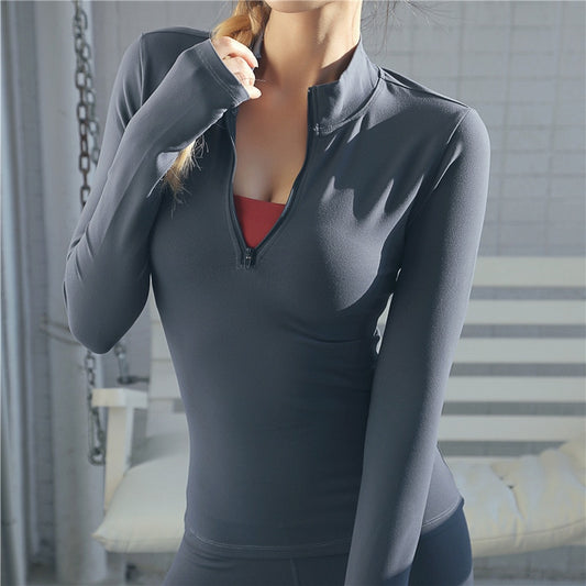 Long Sleeve front Zip Yoga Fitness Top Gray