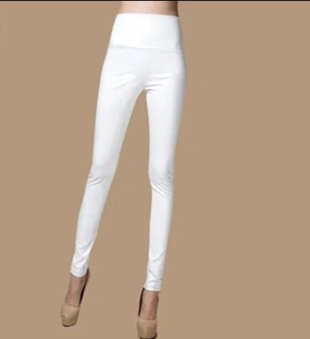 Women Thin Velvet PU Leather Pants White